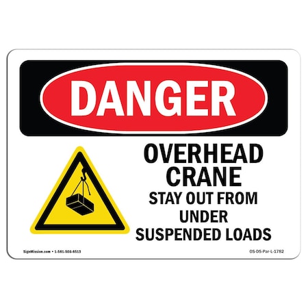 Signmission Safety Sign, OSHA Danger, 18" Height, Rigid Plastic, Overhead Crane Suspended Load, Landscape OS-DS-P-1824-L-1782